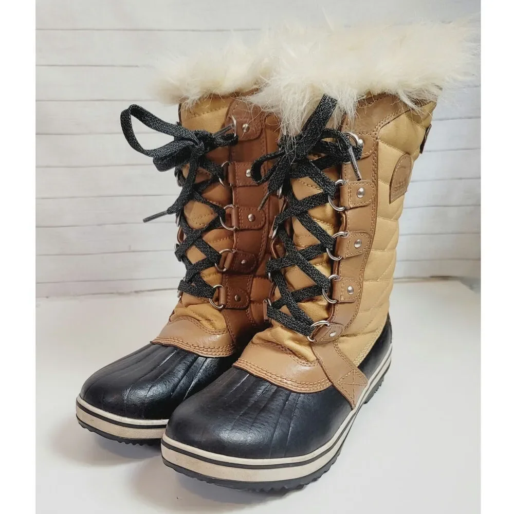 Sorel Tofino II Lace Up Snow Boot in Elk Curry w Faux Fur Trim, sz 7